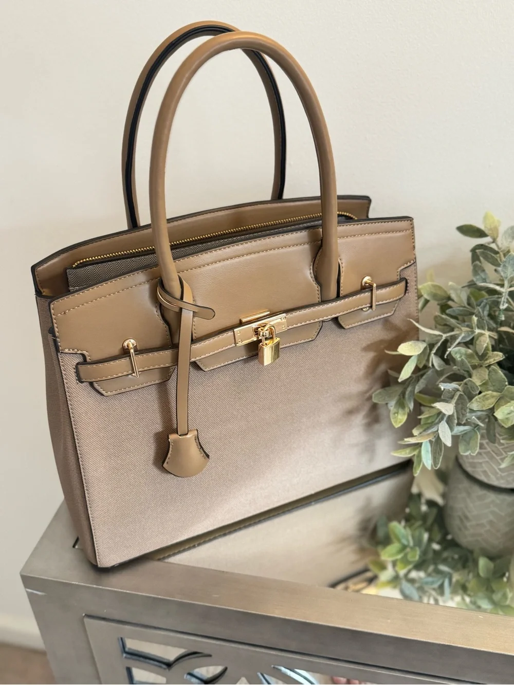 Structured Taupe Tote Handbag with Gold Hardware